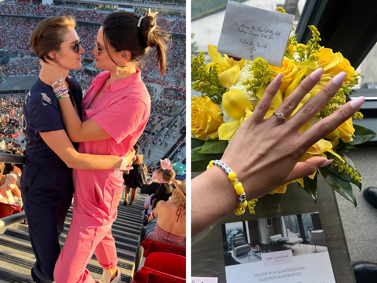 Swifties who met at the Eras Tour last year just got engaged. Their proposal involved a friendship bracelet.