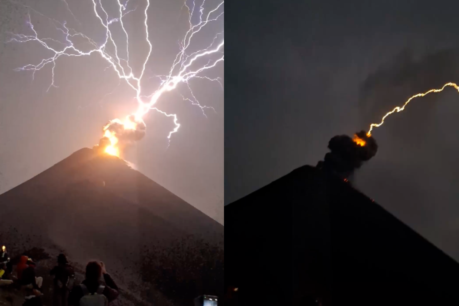 Lightning Dazzles Onlookers Watching the Eruption of Volcán de Fuego in Guatemala