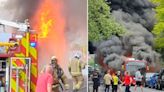 Massive flames burst out of bus as sirens roar and firefighters battle blaze