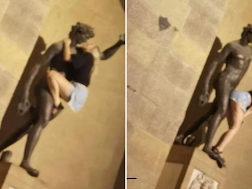 Moment female holidaymaker pretends to ROMP with iconic Florence statue