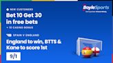 Spain vs England: Get £30 in free bets and £10 casino bonus, plus Kane boost