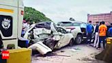 Close shave for 3 after two cars get crushed between dumpers on Pune-Bengaluru highway near Kolhapur | Kolhapur News - Times of India