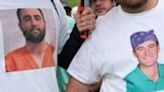 Fans wore T-shirts of top-ranked Scottie Scheffler at round two of the PGA Championship, one at left with the mug shot photo taken only hours earlier of the two-time Masters champion