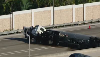 Revelan el video del momento en el que un camión cisterna se vuelca en la autopista Turnpike