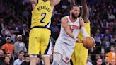 NY Knicks take game 1 121-117 against the Indiana Pacers as Knicks Jalen Brunson and Donte DiVincenzo talk along with coach Tom Thibodeau. Jalen Brunson drops 43 points as Knicks rally past...