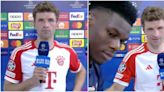 Thomas Muller's reaction when Tchouameni crashed his interview after Bayern 2-2 Real was gold