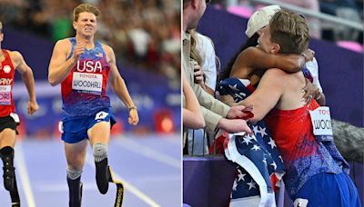 Hugs for Gold! Hunter Woodhall Wins 1st Paralympic Gold in 400-Meter T62 — and Embraces Olympian Wife Tara