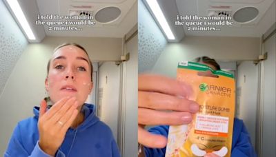 Influencer sparks outrage after showing off ‘15-minute’ skincare routine in plane bathroom