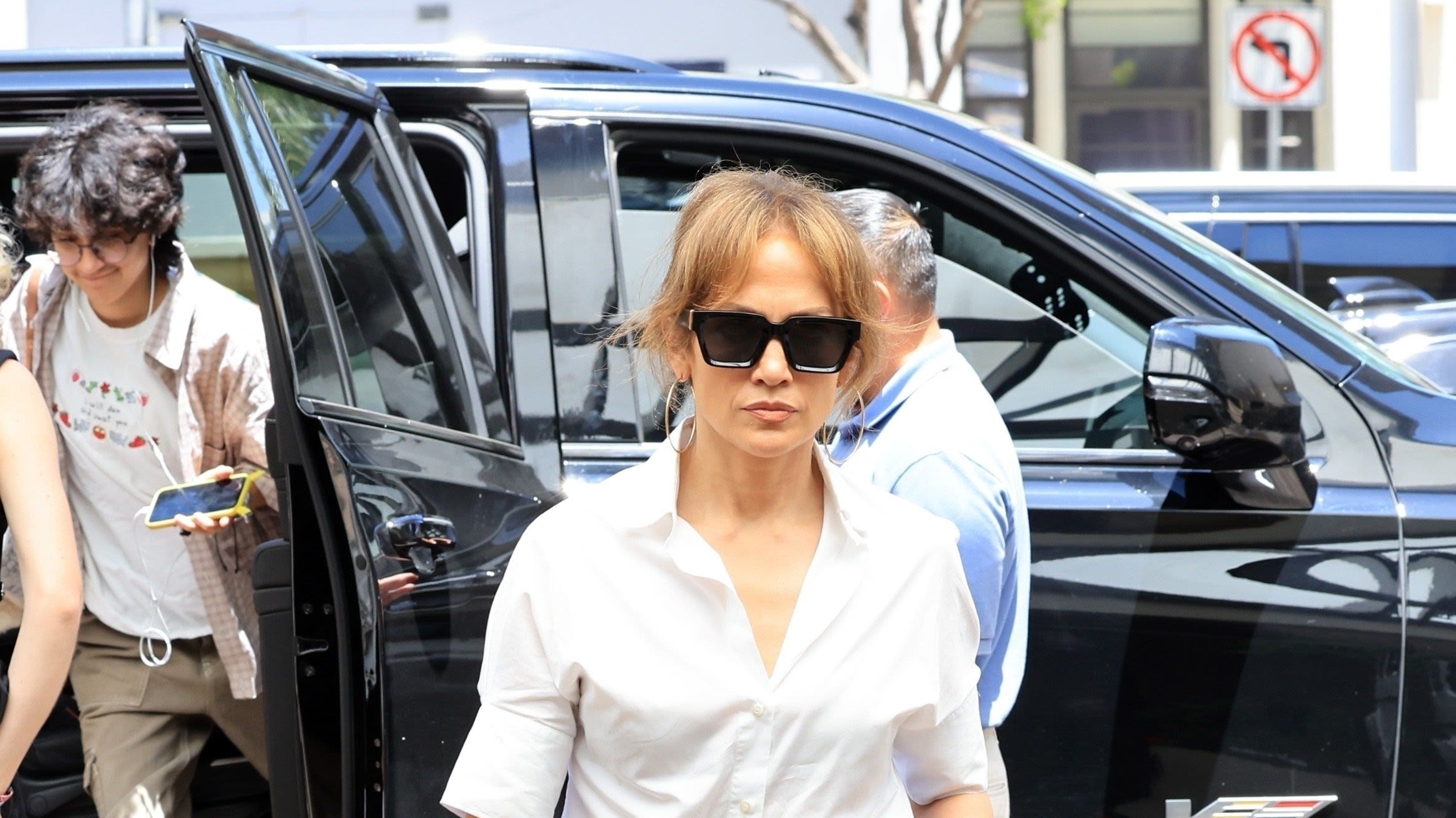 Jennifer Lopez Looks All Business at Family Lunch in a Tailored Shirt and Pinstripe Pants