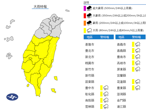 對流旺盛 台中以南、花東等11縣市大雨特報