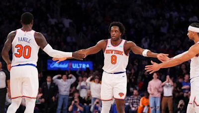 ...with Julius Randle and Josh Hart against the Minnesota Timberwolves in the second half at Madison Square Garden on Jan.1, 2024 in New York City.