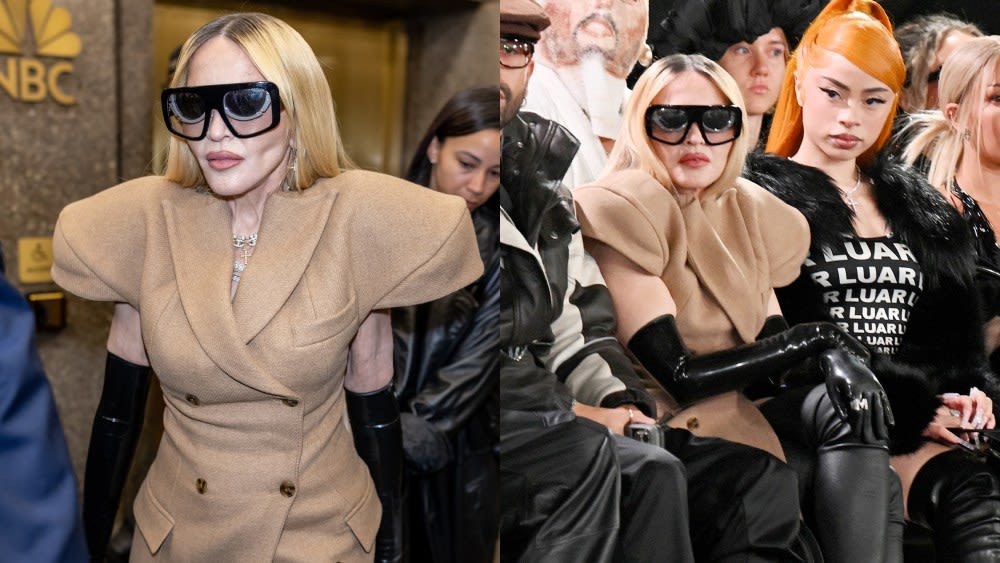 Madonna Gets Dramatic With Exaggerated Shoulders at New York Fashion Week for Luar’s Spring 2025 Front Row With Ice Spice