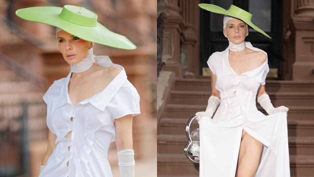 Julia Fox Puts Avant-garde Spin on Zac Posen’s Gap Shirtdress With ‘Brat’ Green Hat in New York