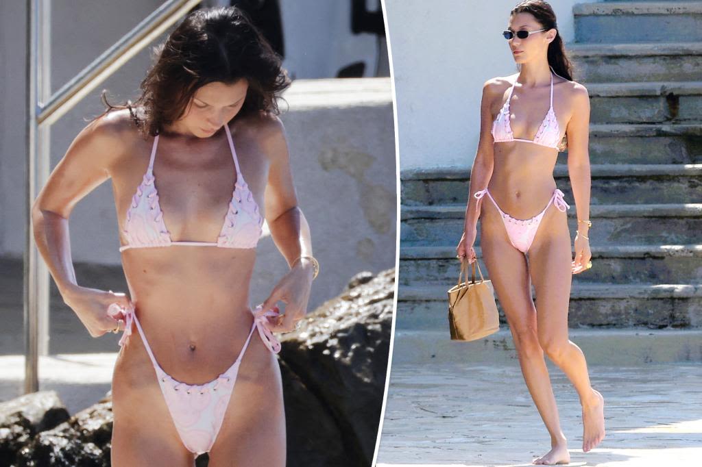 Bella Hadid is all laced up in itty-bitty pink bikini in Cannes