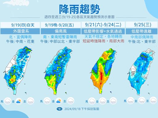 「葡萄桑」外圍雲系＋低壓帶接力炸雨 新颱風「蘇力」估9/19凌晨生成