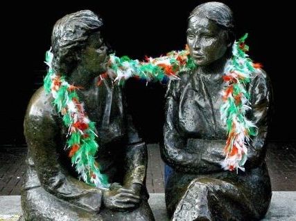 Dublin’s ‘Hags with the Bags’ statue returns home to Liffey Street