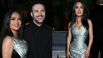 Salma Hayek Enlivens Exaggerated Cinched Waist With Gucci ‘Optical Illusion’ Dress at Miley Cyrus’ Flora Fragrance Party