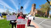 Demonstrators hold pro-choice rally at Custer Monument in downtown Monroe