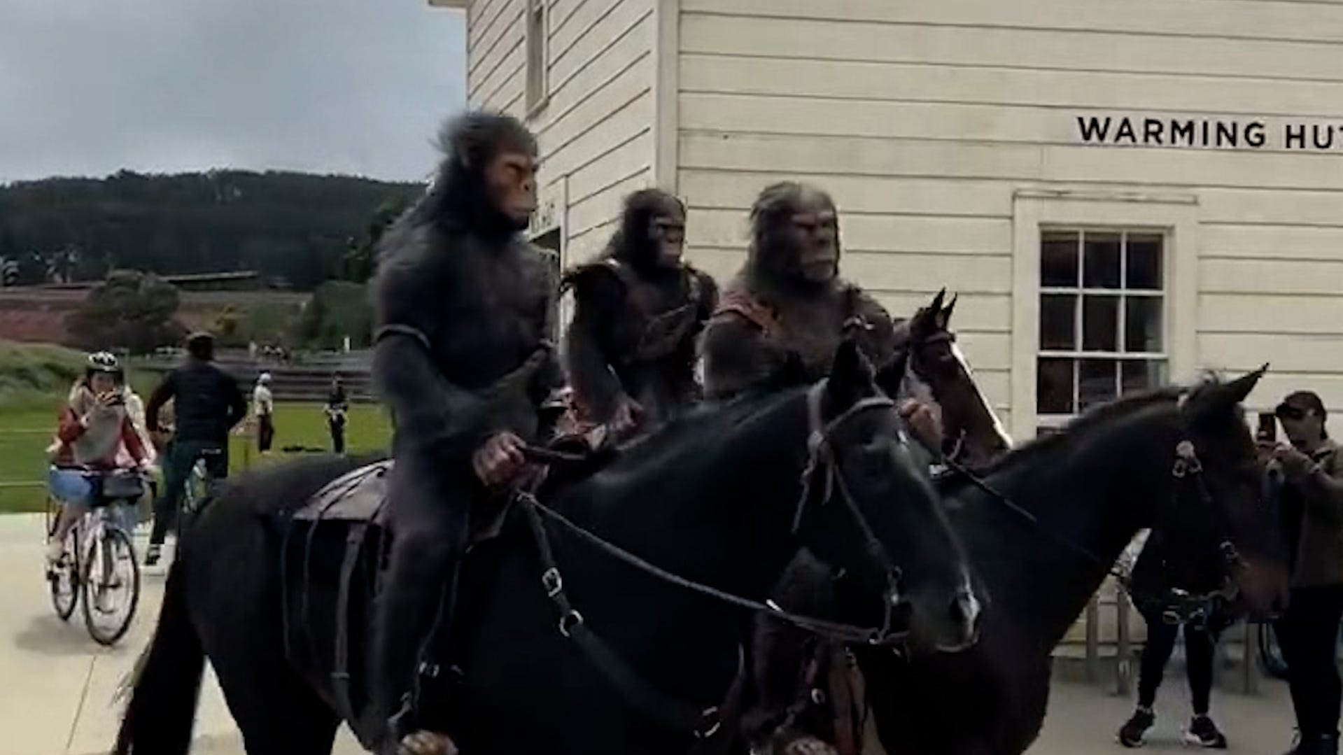 Apes from 'Planet of the Apes' surprise locals, ride on horseback to promote new movie