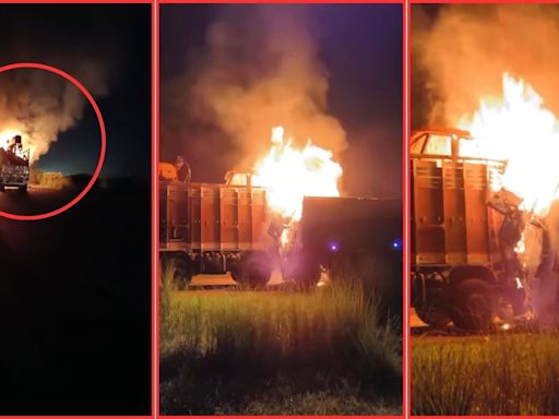 MP Shocker: Vehicle Bursts Into Flames After Collision With Stationary Truck; Driver & Conductor Burn To Death (WATCH)