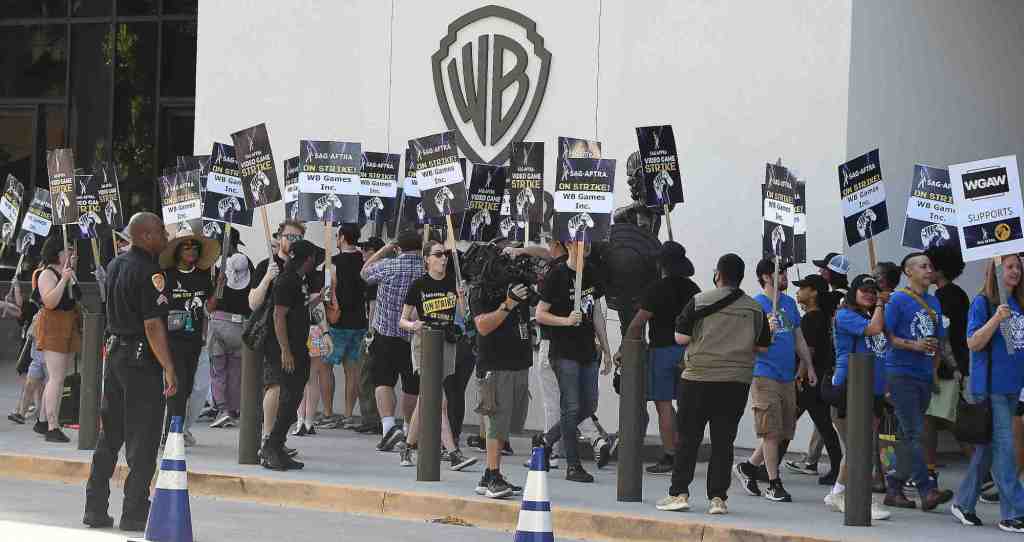 Striking video game performers protest unregulated AI use at Warner Bros. Studios in Burbank