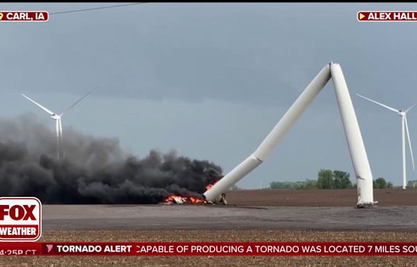 Watch: Wind turbine burns in Iowa after being destroyed by tornado