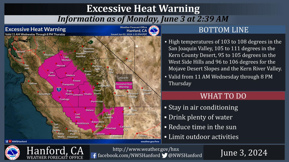 ... to an Excessive Heat Warning for the San Joaquin Valley, lower Sierra Nevada Foothills, and the Kern County Desert Floor for Wednesday...