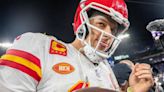 Kansas City Chiefs quarterback Patrick Mahomes sticks his tongue out while walking on the field after defeating the Baltimore Ravens 17-10 in the AFC championship game at M&T ...