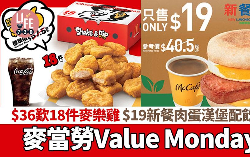 著數優惠｜麥當勞Value Monday $36歎18件麥樂雞 $19新餐肉蛋漢堡配飲品 | am730