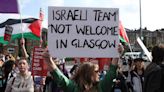 Protesters rally outside Hampden Park before Israel women's match