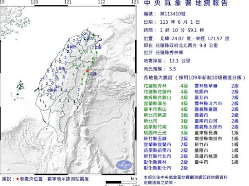 快訊／01：10花蓮規模5.5淺層地震 最大震度4級雙北明顯搖晃│TVBS新聞網