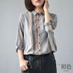 初色 日系棉麻風復古直條紋長袖襯衫上衣女上衣-藍色-32645(M-2XL可選)