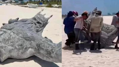 ¿Por el huracán Beryl? Tumbaron estatua de Poseidón en Yucatán