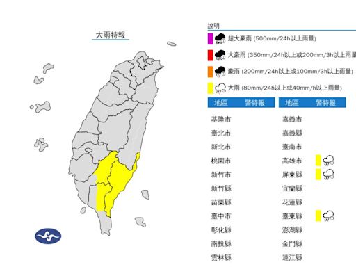 快訊／雨區擴大！高雄、屏東山區及臺東「大雨特報」