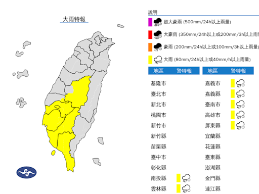 南投、雲林山區及嘉義以南7縣市大雨特報