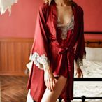 蕾絲拚接絲質性感開襟睡袍睡衣 黑色/紅色/白色．UnderWar歐美風格ZD321對白
