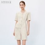 JESSICA - 典雅輕奢真絲浮雕提花V領紐扣短袖洋裝233Z7C