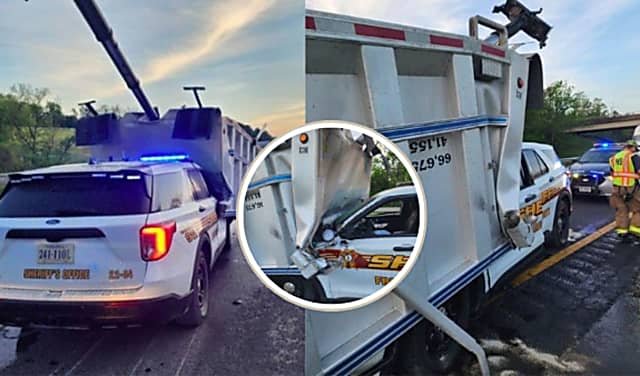 Dump Bed Detaches From Garbage Truck, Lands On Virginia Sheriff's SUV On I-81