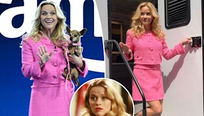 Reese Witherspoon goes full Elle Woods in a pink skirt suit to announce new ‘Legally Blonde’ prequel