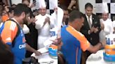 Video: India Skipper Rohit Sharma & Coach Rahul Dravid Cut Cake As T20 WC Champions Leave ITC Maurya Hotel To Meet PM...