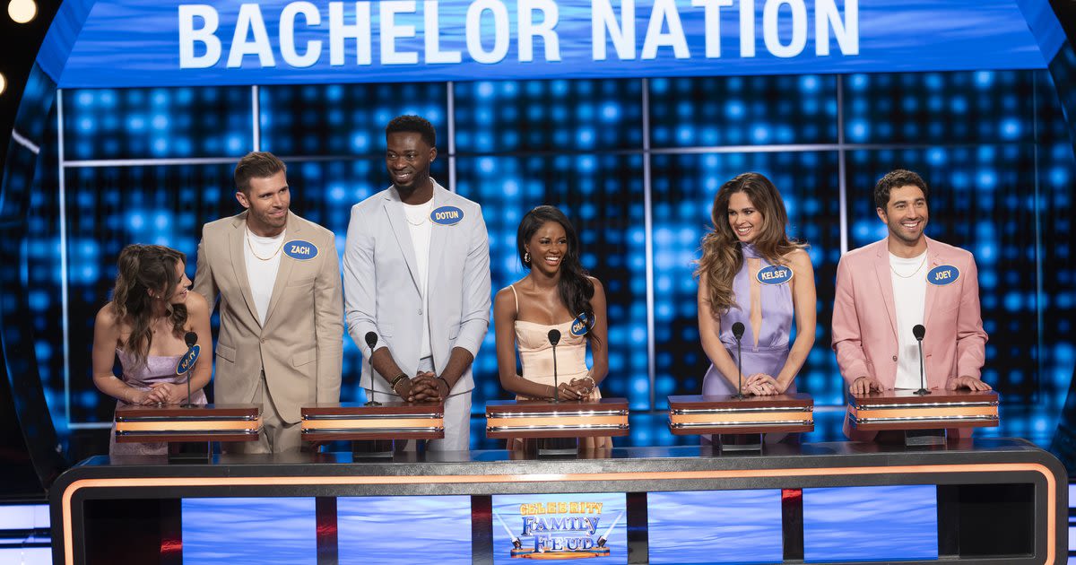 'Bachelor' star Joey Graziadei competes on 'Celebrity Family Feud' team with his fiancée and his ex