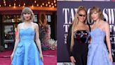 Taylor Swift Debuts Curly Bob Haircut and Nods to ‘1989’ in Blue Floral Oscar de la Renta Dress for ‘The Eras Tour’ Movie Premiere at The...