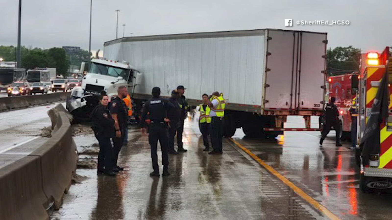 18-wheeler hydroplanes on Eastex Freeway due to severe weather across the Houston area