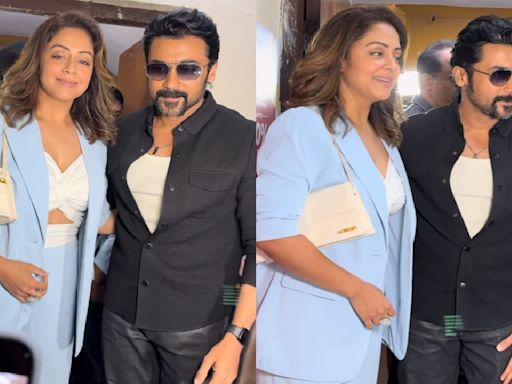 Jyothika’s powder blue pantsuit strikes perfect balance of sass and class, complemented by her statement white Jacquemus bag