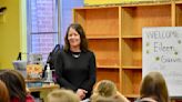 Author Eileen Garvin talks with students at Baker Middle School