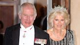 Queen Camilla Wears Queen Mary’s Tiara, Queen Elizabeth ll’s Diamonds and Bruce Oldfield Gown at Ancient Pearl Sword Ceremony to Mark...