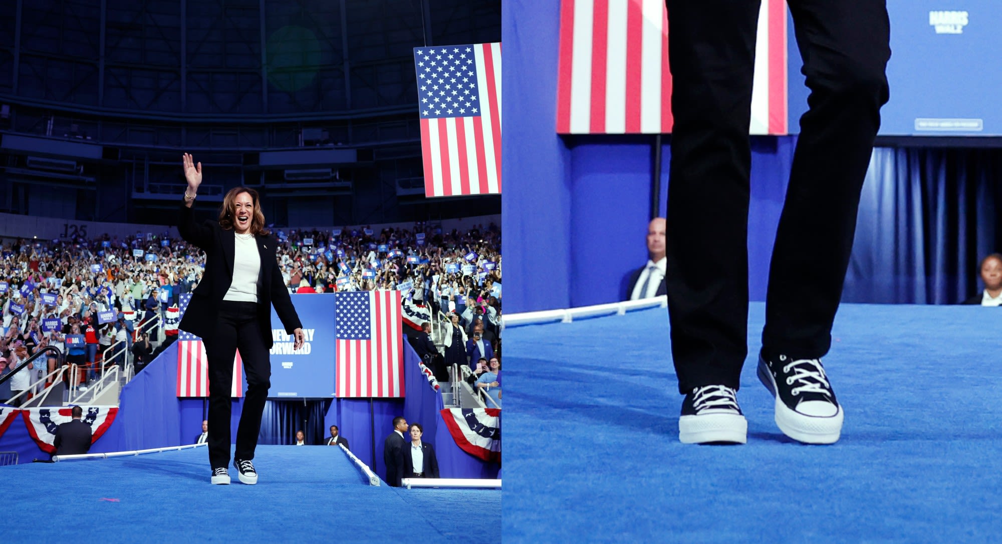 Kamala Harris Campaigns In North Carolina Wearing Chucks and Pearls