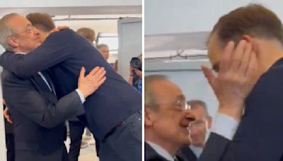 Abrazo entre Tuchel y Florentino... con cara de 'así son las cosas en el Bernabéu'