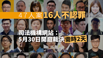 47人案｜16人不認罪 司法機構網站：5月30日開庭宣布裁決 需時兩天