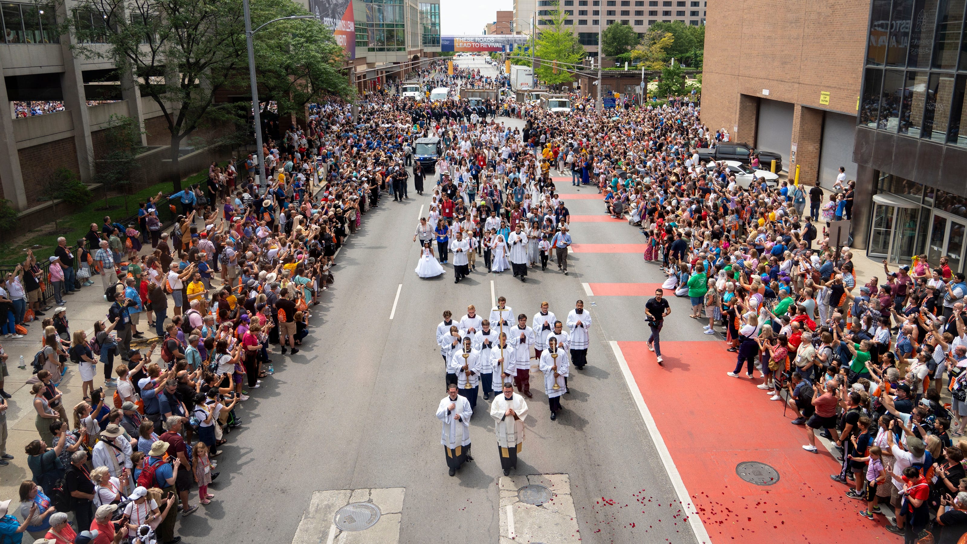 Watch as Indy streets fill with Eucharistic Procession participants from the National Eucharistic Congress